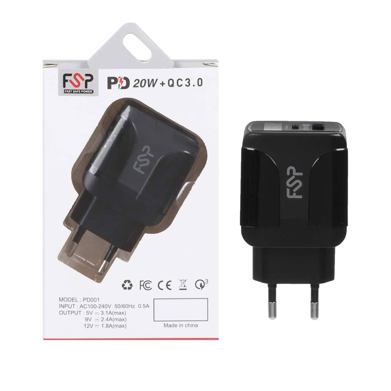 شارژر دیواری فست و PD دو پورت FSP مدل PD001 20W - مشکی - BSA 